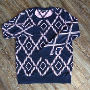 POL Knit Sweater Shirt Womens Navy Pink Southwestern Geometric Diamond Large